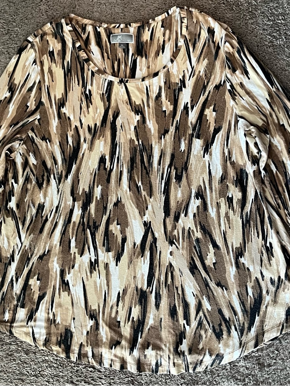 JM Collection Neutral Browns Brushstroke Print 3/4 Sleeve Tunic Top Size XL